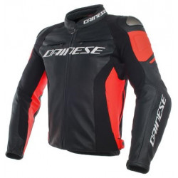 DAINESE RACING 3 LEATHER JACKET BLACK BLACK FLURO RED